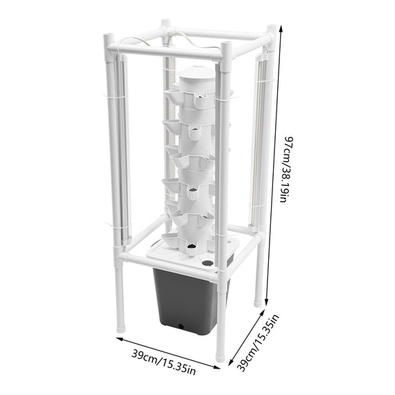 Cotes de la tour hydroponique d'intérieur avec son cadre : 39 cm de côté et 97 cm de hauteur