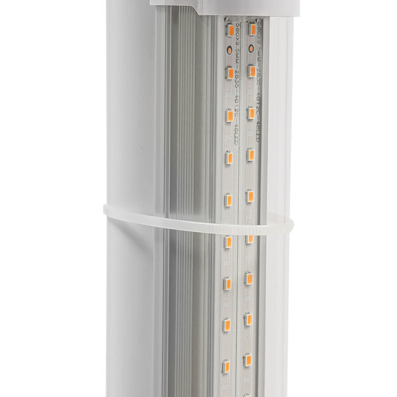 Détail d'une barre LED de la tour hydroponique fixée au montant du cadre par un collier
