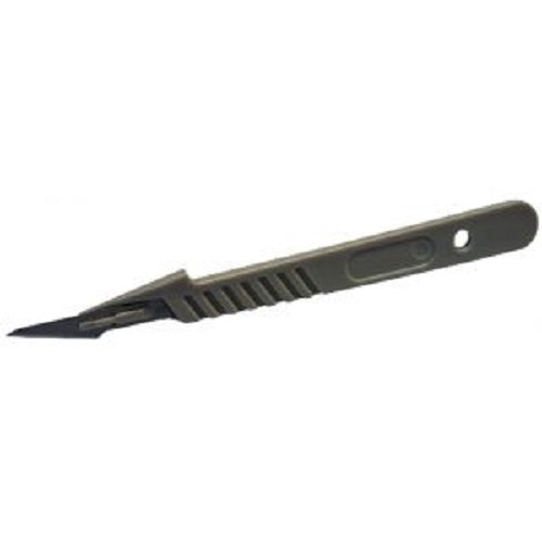 Scalpel de bouturage à manche vert et lame courte en acier inoxydable, vu de profil sur fond blanc