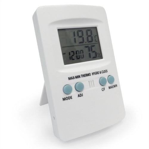 Thermomètre hygromètre digital Cornwall Electronics blanc sans sonde, écran LCD et touches en façade