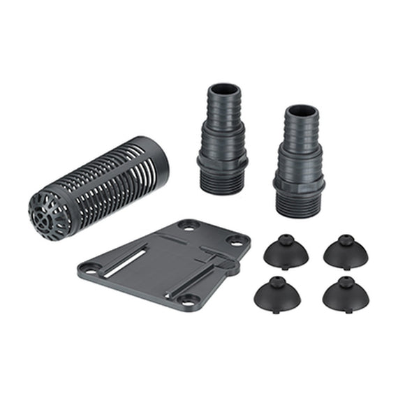 Accessories supplied with the compactON 12000: strainer, fittings, plate and suction cups