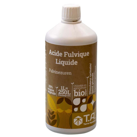 Flacon de 1 L d'acide fulvique liquide, étiquette brune, utilisable en agriculture biologique
