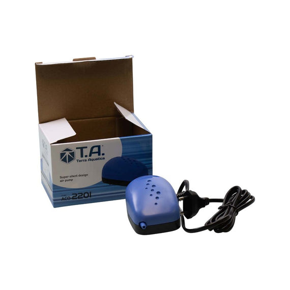 Petite pompe à air bleue ACO-2201 de 1,3 L/min devant sa boîte