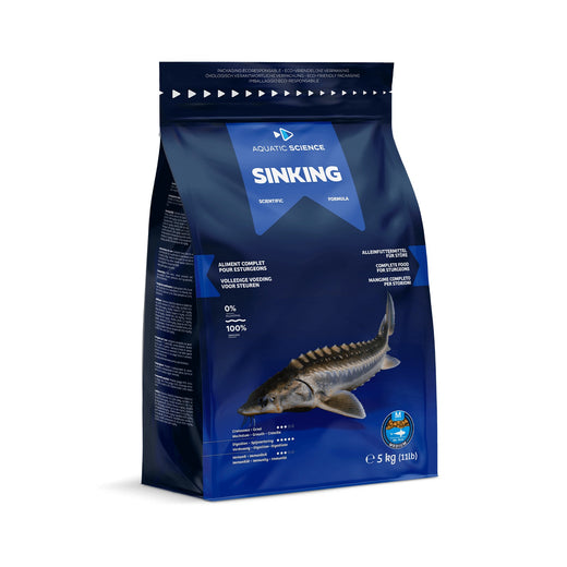 Sac d'aliment coulant Aquatic Science Sinking sur fond blanc, esturgeon imprimé sur la face avant, visuel du format 5 kg, le sac vendu ici est le 2 kg