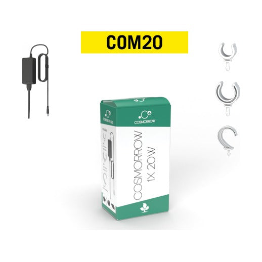 Bloc d'alimentation Cosmorrow 1 x 20 W avec son câble et ses clips de fixation, devant sa boîte