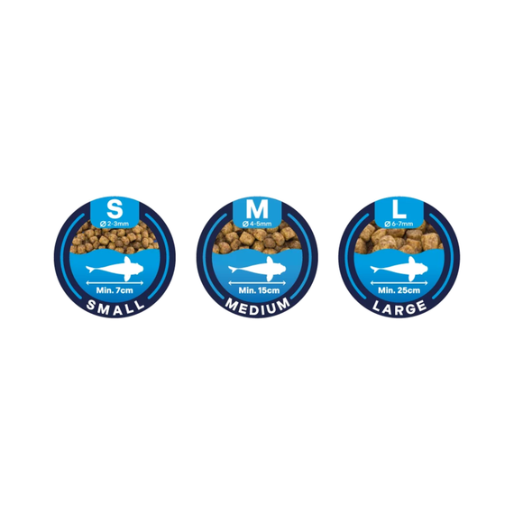 Les trois calibres de granulé : small 2 à 3 mm dès 7 cm, medium 4 à 5 mm dès 15 cm, large 6 à 7 mm dès 25 cm