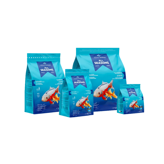Les quatre contenances de la gamme All Seasons côte à côte, du sachet de 0,5 kg au sac de 9,5 kg