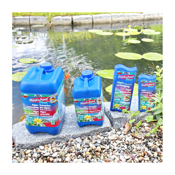 JBL PhosEx Pond Direct range beside a pond with water lilies