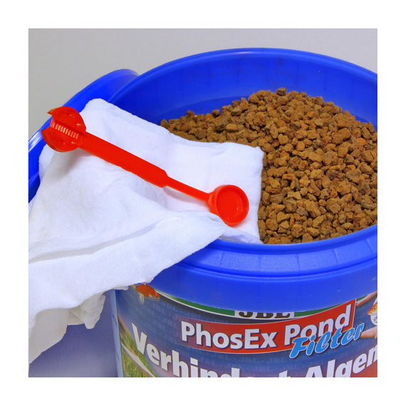 JBL PhosEx Pond Filter granules in their bucket with net bag and measuring scoop