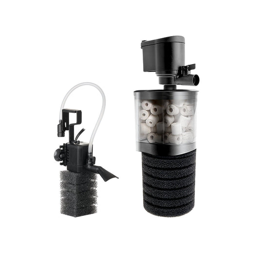 Filtres internes Aquael PAT MINI et TURBO FILTER 1000 côte à côte sur fond blanc, à l'échelle