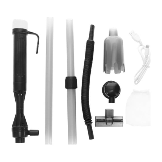 Piezas del Perfektus Pro extendidas: mango del motor, tubos, tubería, campana, ventosa, racor, cable USB y bolsa filtrante