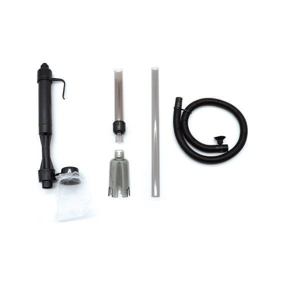 Parts of the Amtra Handy vacuum: motor, filter sock, tubes, bell and pipe