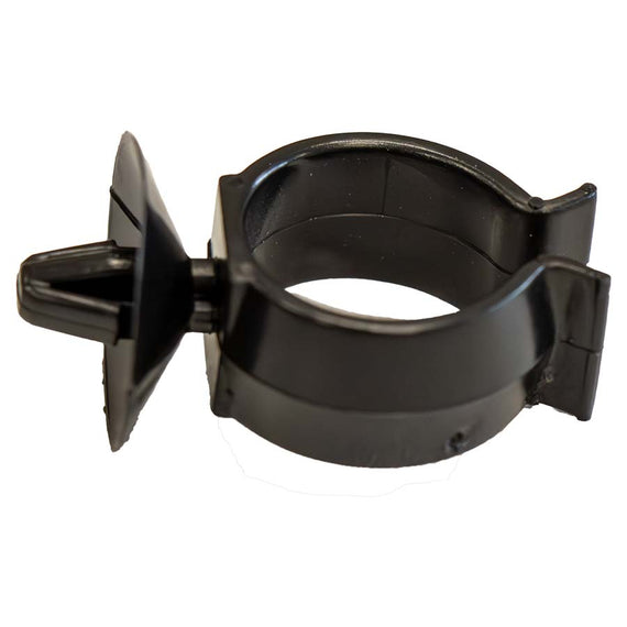 Attache noire de tube de niveau vue de profil, tige de fixation à gauche et collier à droite