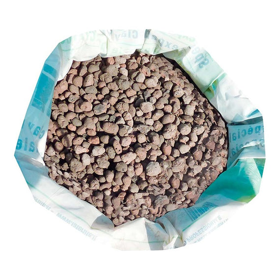 Sac de billes d'argile ouvert vu du dessus, billes brunes de 8 à 20 mm