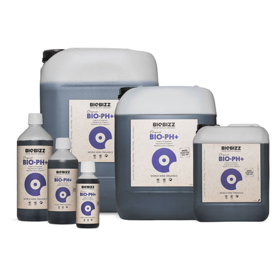 Flacon de Bio-Up BioBizz, correcteur de pH+ biologique, sur fond blanc