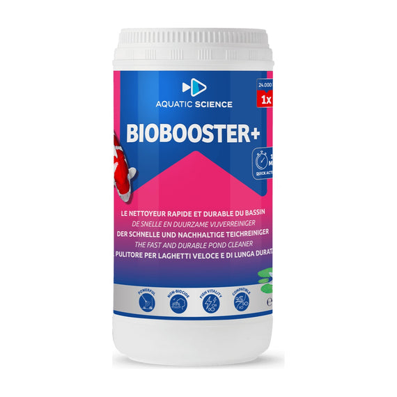 Pot of Aquatic Science Biobooster+, the fast-acting biological pond cleaner included in the Duo Pack