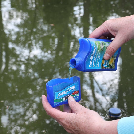 Mains qui versent le conditionneur dans son bouchon doseur au bord d'un bassin de jardin
