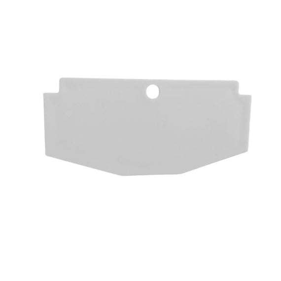 Bouchon plein blanc pour gouttière NFT 100 x 50 mm vu de face, avec un petit perçage en partie haute