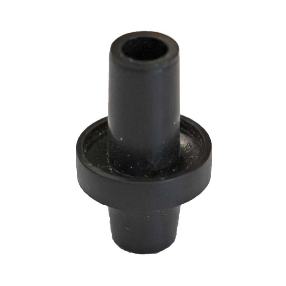 Bouchon noir en polypropylène pour raccord de 6 mm, vu de profil avec sa collerette centrale