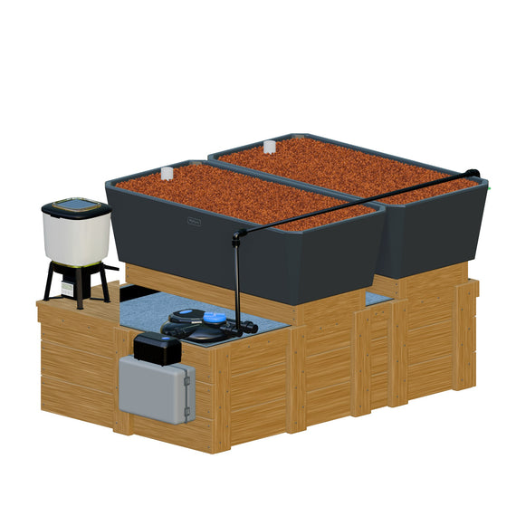 Carré potager aquaponique à bassin de 600 L et 2 bacs de culture, vu de trois quarts sur fond blanc