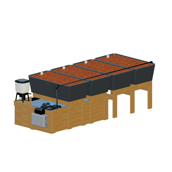 Version à 4 bacs du bassin de 600 L, avec les 2 bacs d'extension posés sur leur support en bois