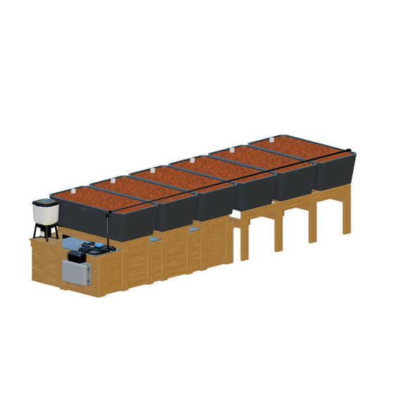 Version à 6 bacs du bassin de 800 L, avec 3 bacs d'extension alignés sur un support en bois