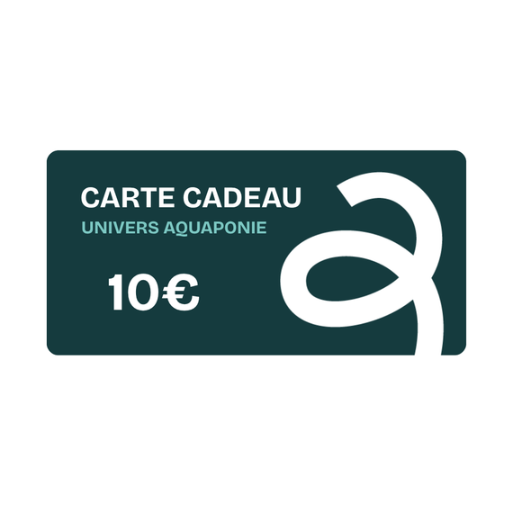 Carte cadeau Univers Aquaponie de 10 €, visuel bleu foncé orné du logo de la boutique