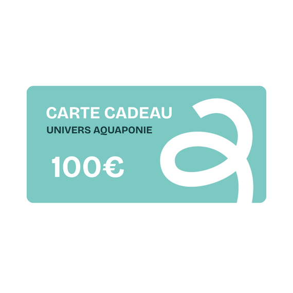 Carte cadeau Univers Aquaponie de 100 €, visuel bleu clair orné du logo de la boutique