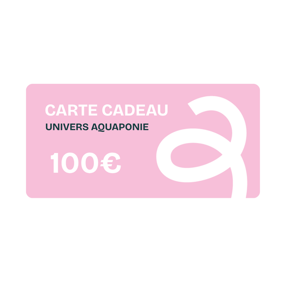 Carte cadeau Univers Aquaponie de 100 €, visuel rose orné du logo de la boutique