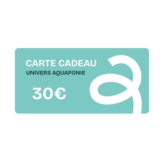 Carte cadeau Univers Aquaponie de 30 €, visuel bleu clair orné du logo de la boutique