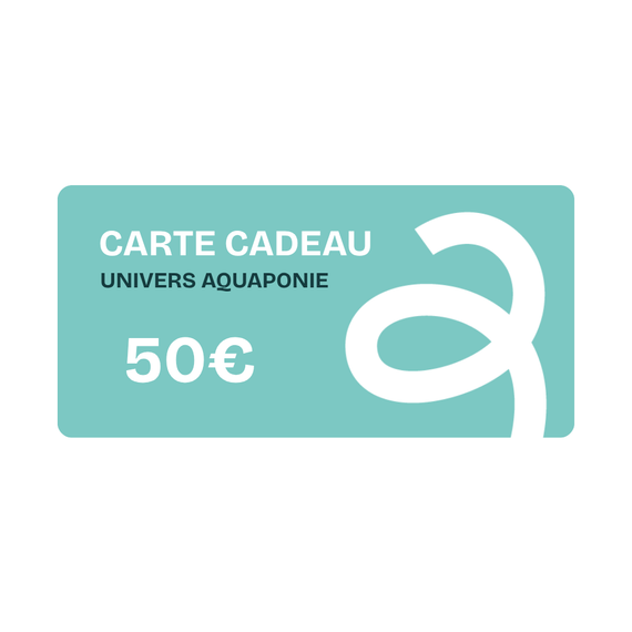 Carte cadeau Univers Aquaponie de 50 €, visuel bleu clair orné du logo de la boutique