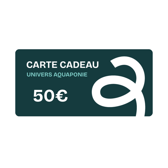 Carte cadeau Univers Aquaponie de 50 €, visuel bleu foncé orné du logo de la boutique