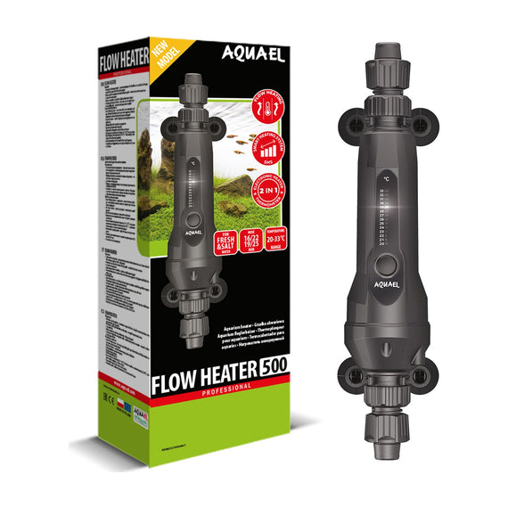 Ekstern varmer Aquael Flow Heater 2.0 på 500 W stillet ved siden af sin æske