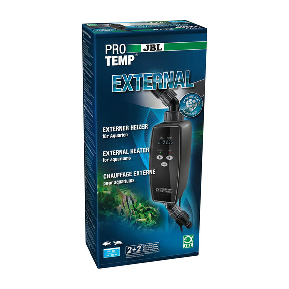 Boîte du chauffage externe JBL ProTemp External, avec l'appareil photographié en façade