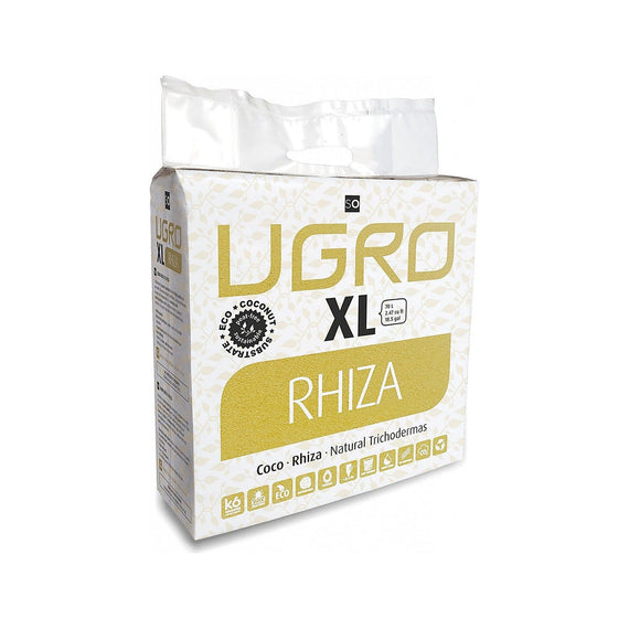 Bloc de fibre de coco compactée UGro XL Rhiza 70 L, emballage complet vu de trois quarts sur fond blanc