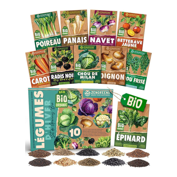 Coffret de 10 sachets de graines de légumes d'hiver bio, poireau, panais, navet et carotte