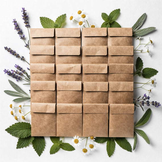 Vingt sachets de semences en papier brun en grille, entourés de lavande, mélisse, menthe et camomille