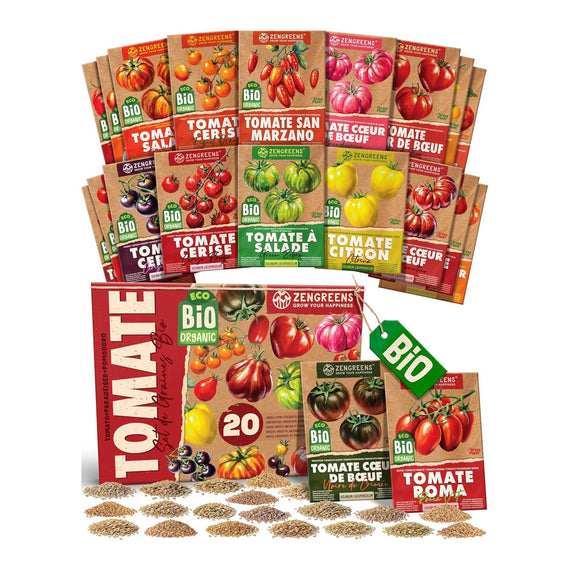 Coffret ouvert de 20 sachets de graines de tomates bio étalés en éventail sur fond blanc