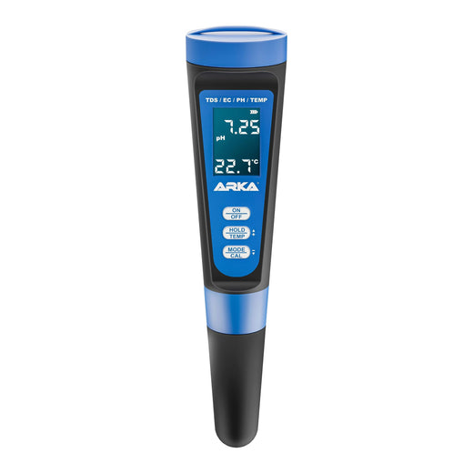 Testeur électronique de poche bleu et noir, écran affichant un pH de 7,25 et une température de 22,7 °C