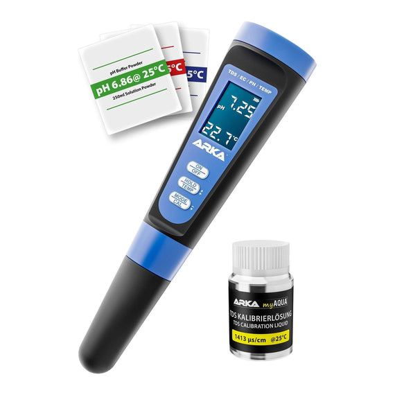 Testeur pH, EC et TDS avec ses sachets de poudre tampon pH et son flacon de solution d'étalonnage à 1413 µS/cm