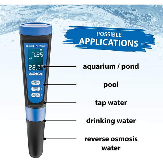 Usages du testeur électronique : aquarium et bassin, piscine, eau du robinet, eau de boisson et eau osmosée