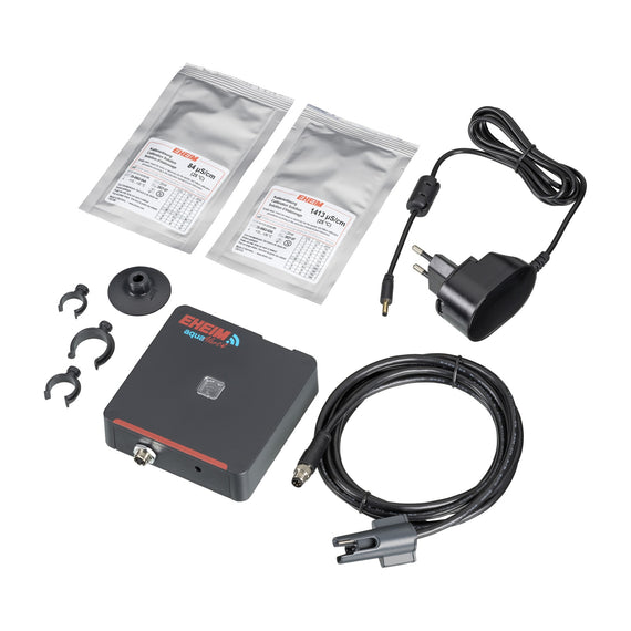 Controlador de conductividad WiFi EHEIM aquaAlert+e con sonda, soluciones de calibración, ventosa y alimentación