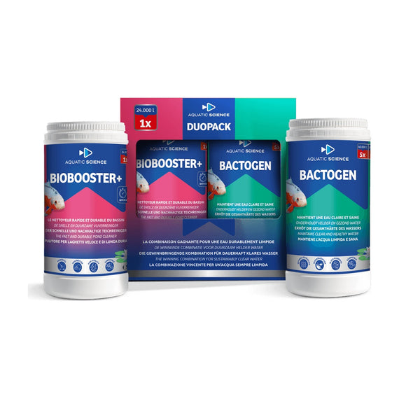 Aquatic Science Duo Pack with its box and the Biobooster+ and Bactogen pots for the biological treatment of the pond