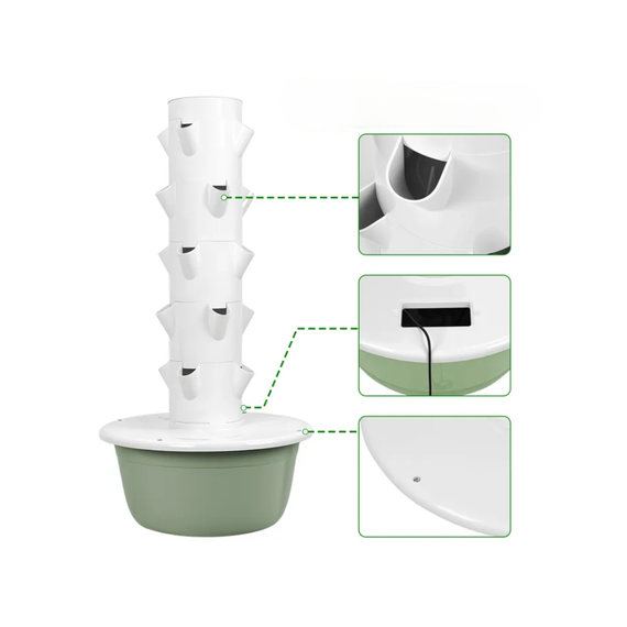 Détails techniques d'une tour de culture hydroponique : pots emboîtables et système d'irrigation interne