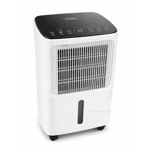 Déshumidificateur VDL 12 L par jour, boîtier blanc à panneau de commande sur le dessus, grille d'entrée d'air et réservoir en façade