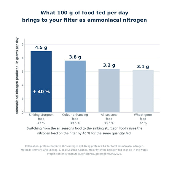 Graphique comparant l'azote ammoniacal produit par quatre aliments de bassin pour 100 g distribués par jour, de 3,1 g pour le germe de blé à 4,5 g pour l'aliment coulant esturgeon
