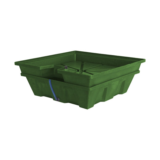 Table à marée dix pots en plastique vert, plateau et réservoir vus de trois quarts
