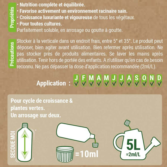 Étiquette de l'engrais de croissance : précautions, application toute l'année, 10 ml pour 5 L