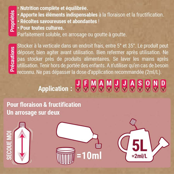 Étiquette de l'engrais fleurs et fruits : précautions et dose de 10 ml pour 5 L