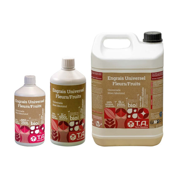 Engrais bio de floraison en trois formats, du flacon de 500 ml au bidon de 5 L
